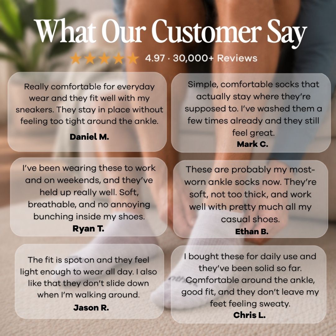 Grey Street Ankle Socks For Men.A promotional graphic with the headline 'What Our Customer Say' over a blurred photo of a person wearing ankle socks. Six rounded text boxes show customer reviews with names underneath each comment.