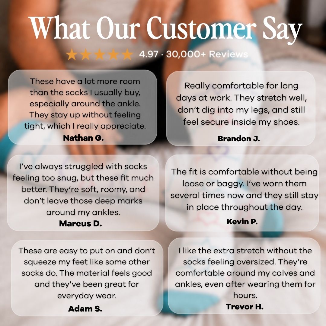 Heartbeat White Wide Calf Compression Socks For Men. A promotional graphic with the headline 'What Our Customer Say' and a rating line reading '4.97 - 30,000+ Reviews.