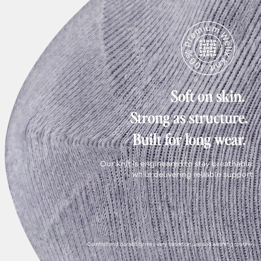 Silver Grey Compression Socks For Men, Close-up of a light gray knit sock with white text overlays describing its soft, strong, and breathable qualities, along with a circular 'Premium Weave' logo.