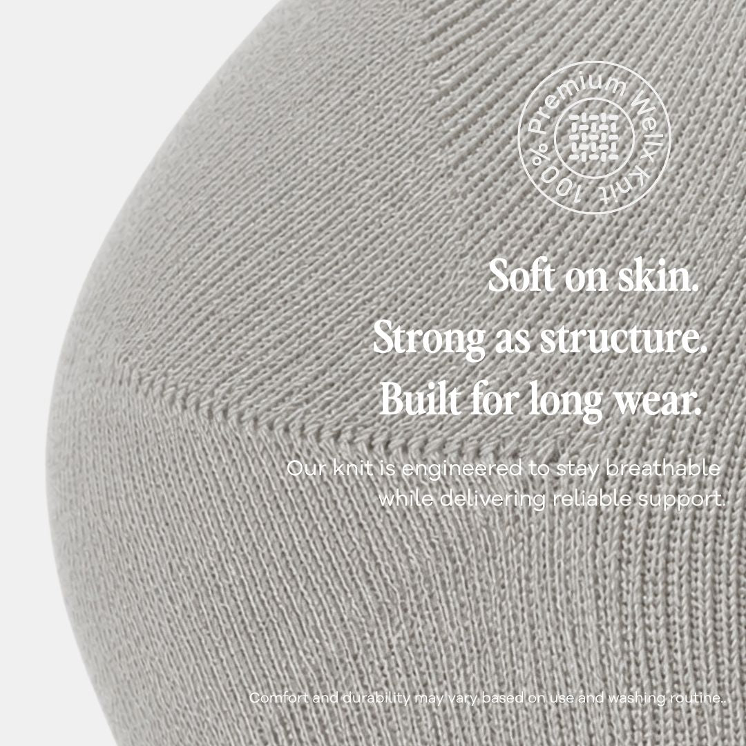 Light Grey Wide Calf Compression Socks For Men.  Close-up of a light gray knit beanie with white promotional text and a circular 'Premium Wool Kit' logo on a clean white background.