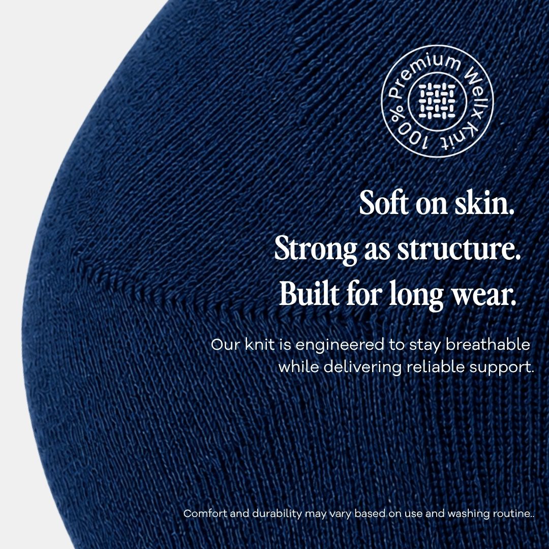 Navy Blue Wide Calf Compression Socks. Close-up of a navy blue knit fabric texture with white text describing premium knit qualities and a circular 'Premium Welly Knit 100% Wool' badge on a light gray background.