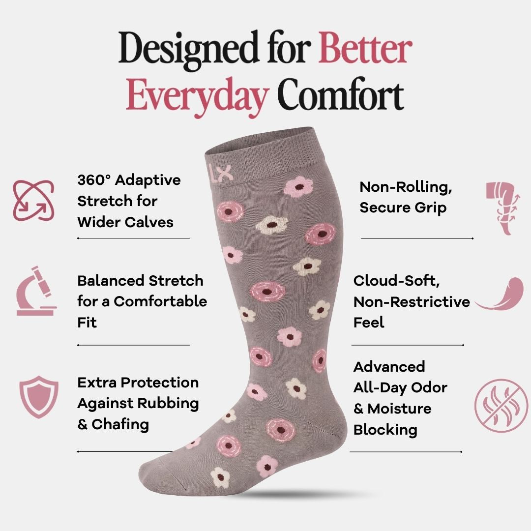 Flowers Gravel Wide Calf Compression Socks