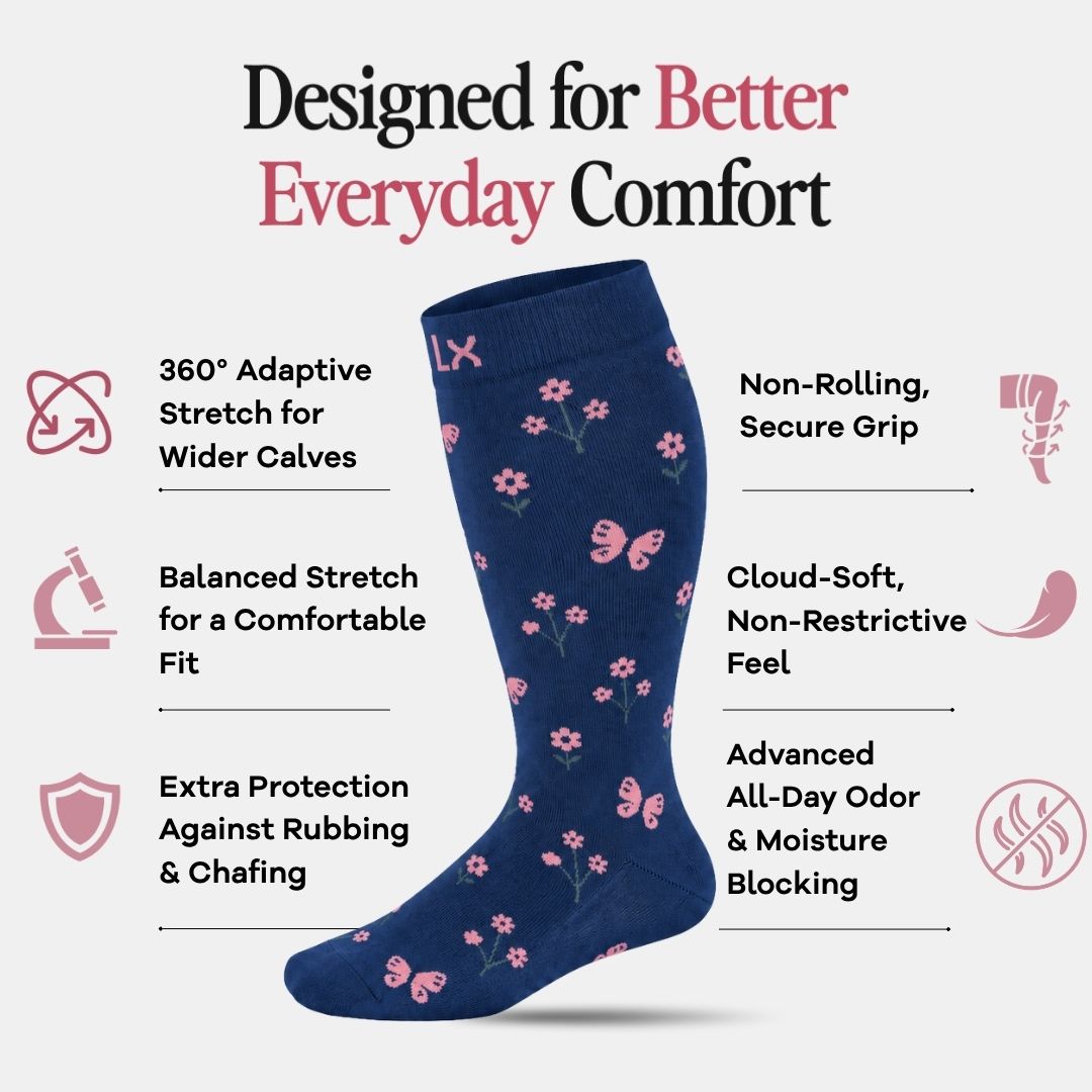 Flowers Navy Blue Wide Calf Compression Socks
