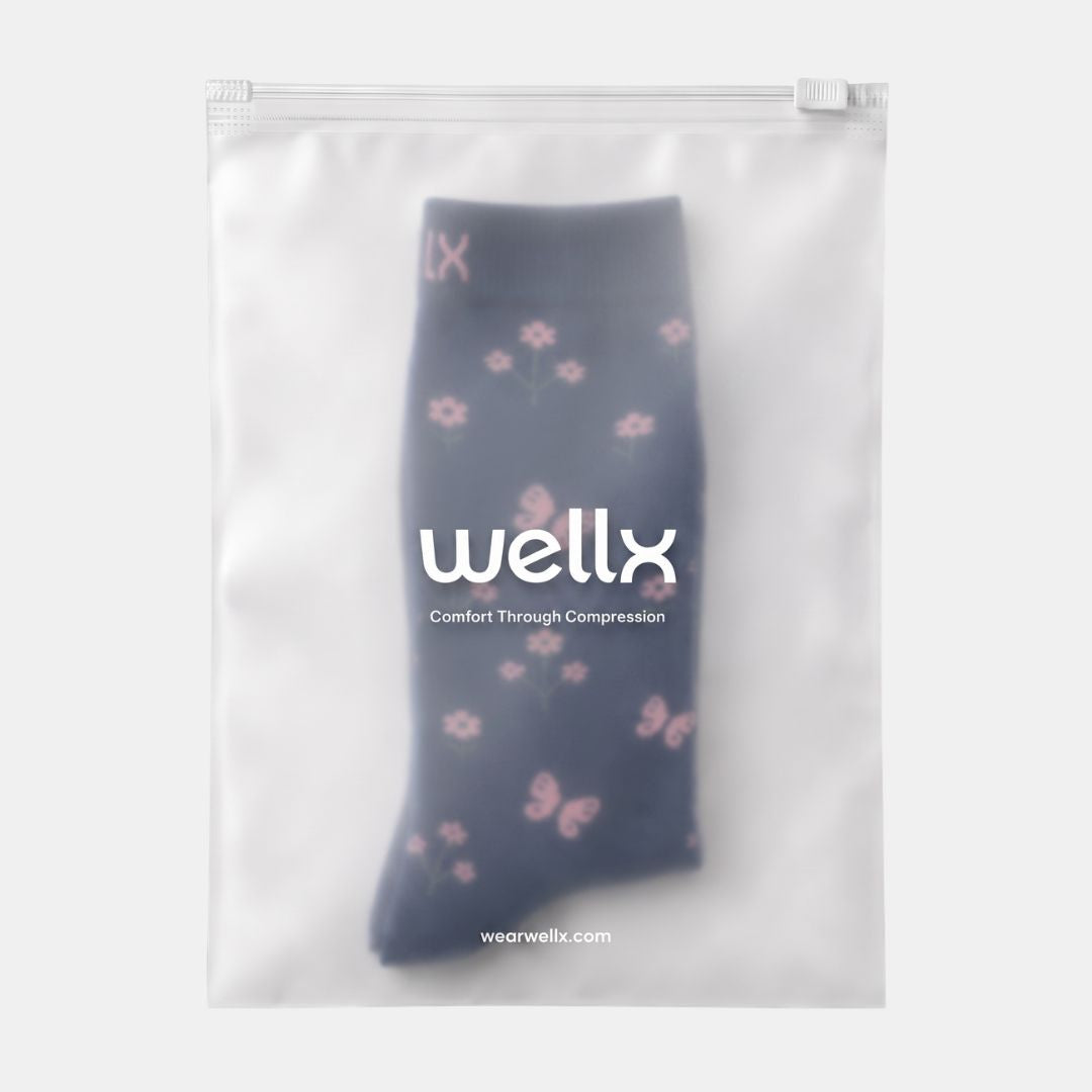Flowers Navy Blue Wide Calf Compression Socks