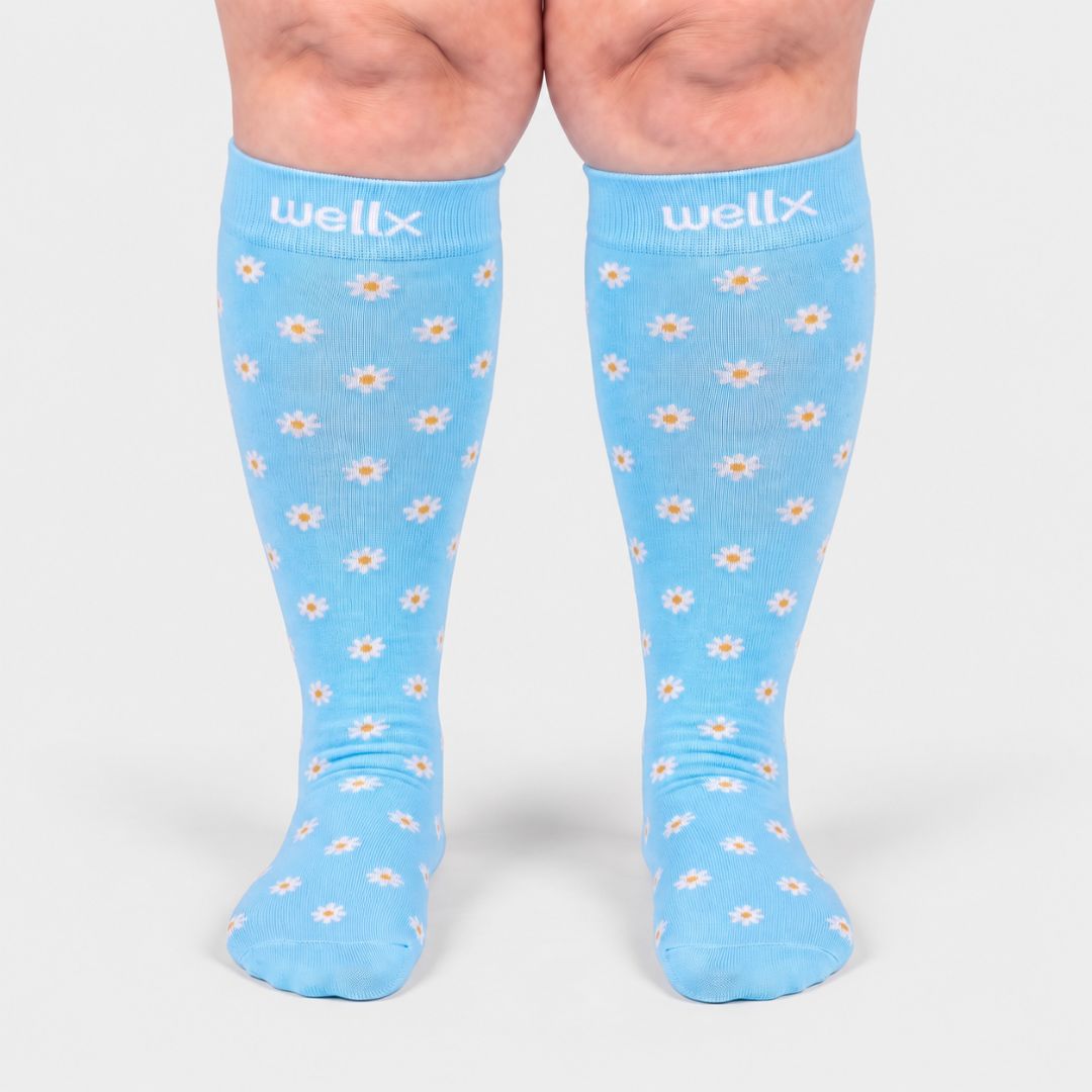 Daisy Flowers Blue Wide Calf Compression Socks