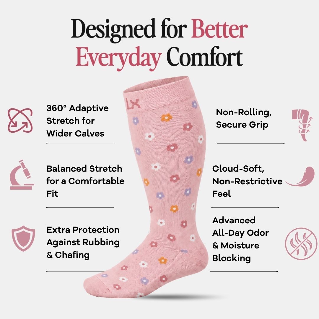 Flowers Pink Wide Calf Compression Socks