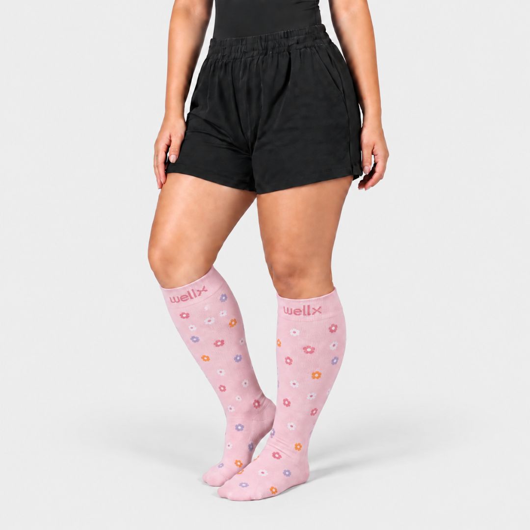 Flowers Pink Wide Calf Compression Socks