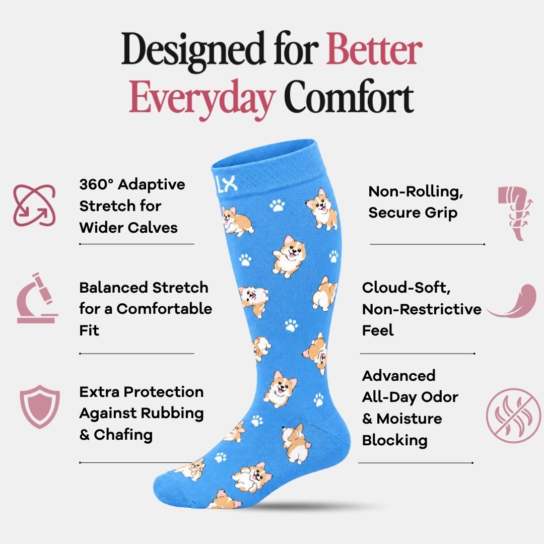 Puppies Blue Wide Calf Compression Socks
