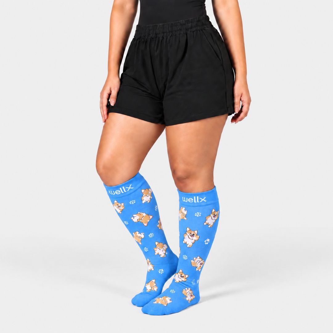 Puppies Blue Wide Calf Compression Socks