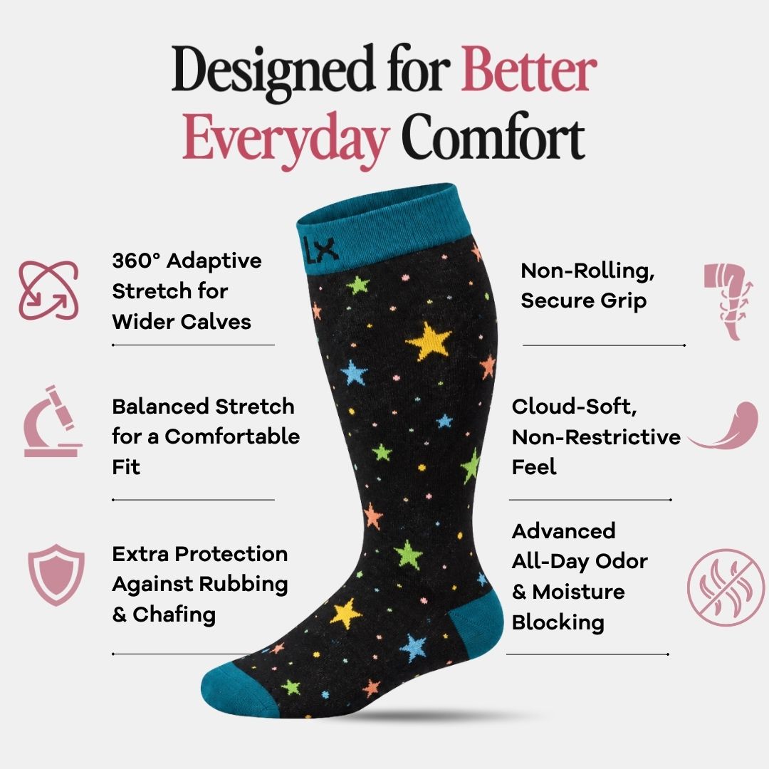 Stars Black/Green Wide Calf Compression Socks
