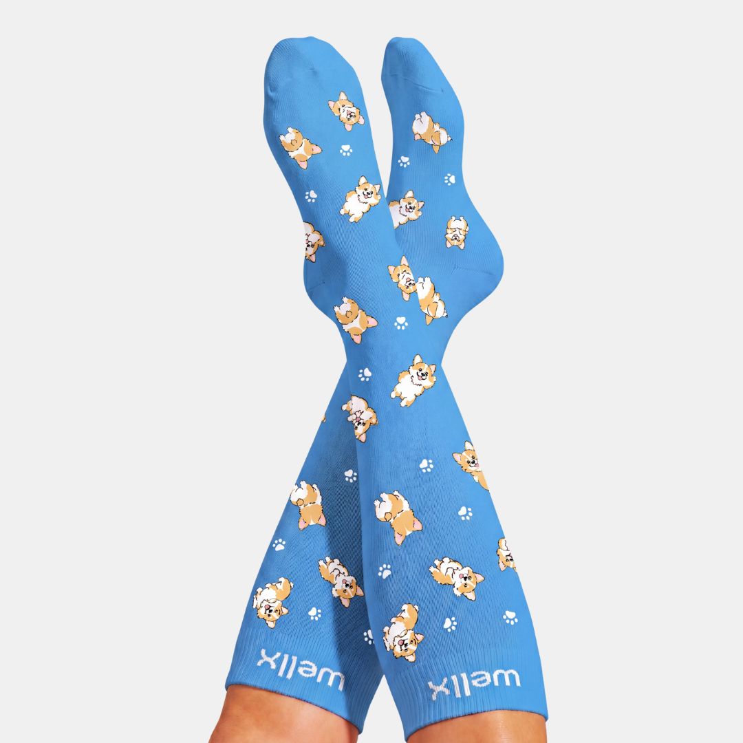 Puppies Blue Compression Socks For Men, A pair of bright blue crew socks with a repeating pattern of small corgi dogs and white paw prints, worn on feet against a light gray background. The brand name 'wellix' is printed in white at the bottom of each sock.