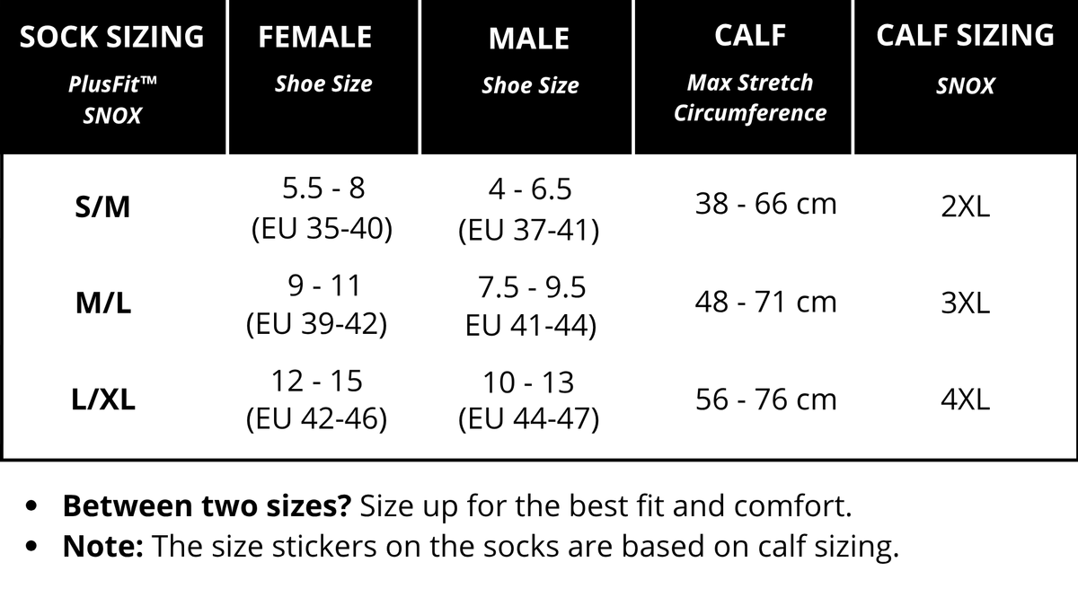Size chart - Black Wide Calf Compression Socks