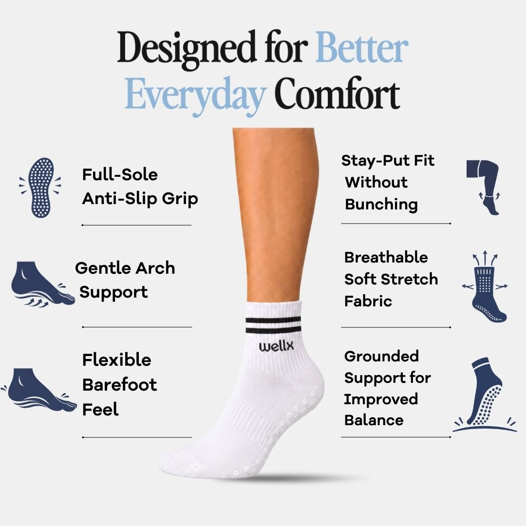 White Balance Grip Socks For Men feature chart showing full-sole anti-slip grip, arch support, barefoot flexibility, and breathable stretch fabric for balance