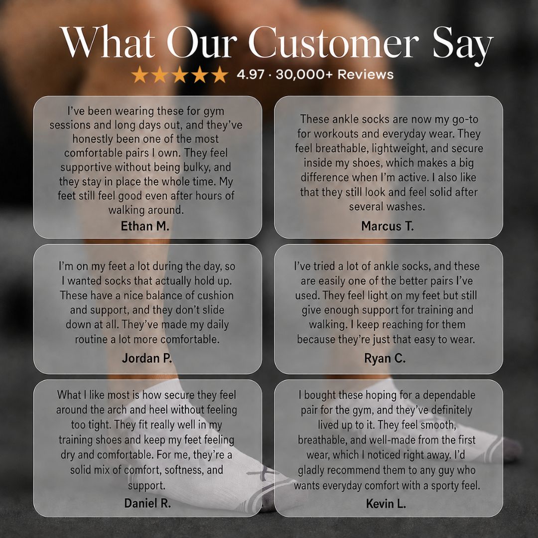 White Power Stride Ankle Socks For Men. A promotional graphic with the headline 'What Our Customer Say' and a star rating above a collage of customer review cards. The background shows a gym scene with a person lifting weights, but the main subject is the text review grid rather than a single physical product.