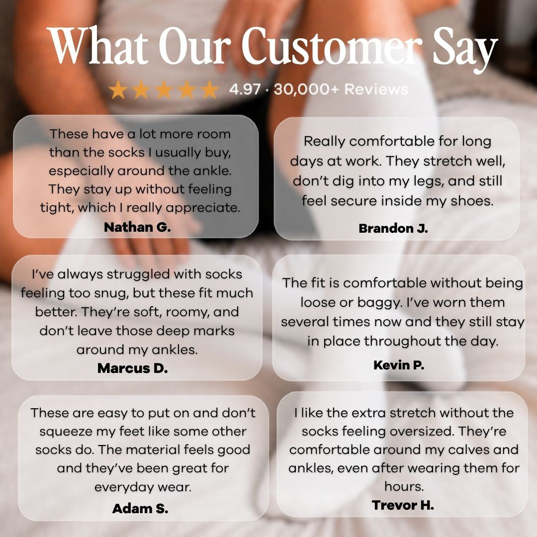 White Wide Calf Compression Socks For Men A promotional graphic with the headline 'What Our Customer Say' and a rating line showing 4.97 out of 30,000+ reviews.